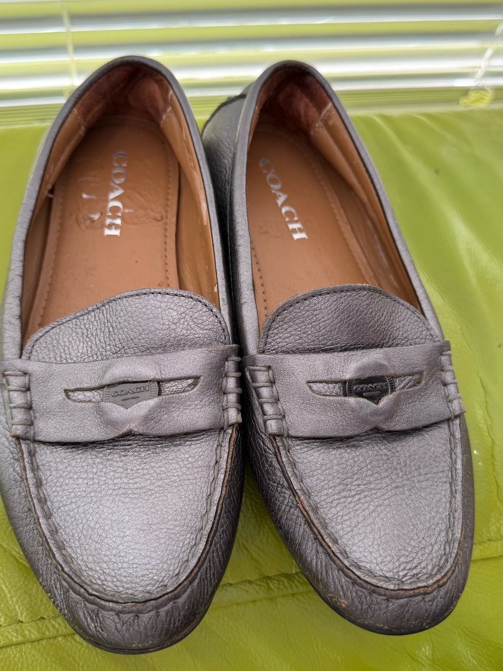 Coach Women's Metallic Pewter Leather Penny Loafers